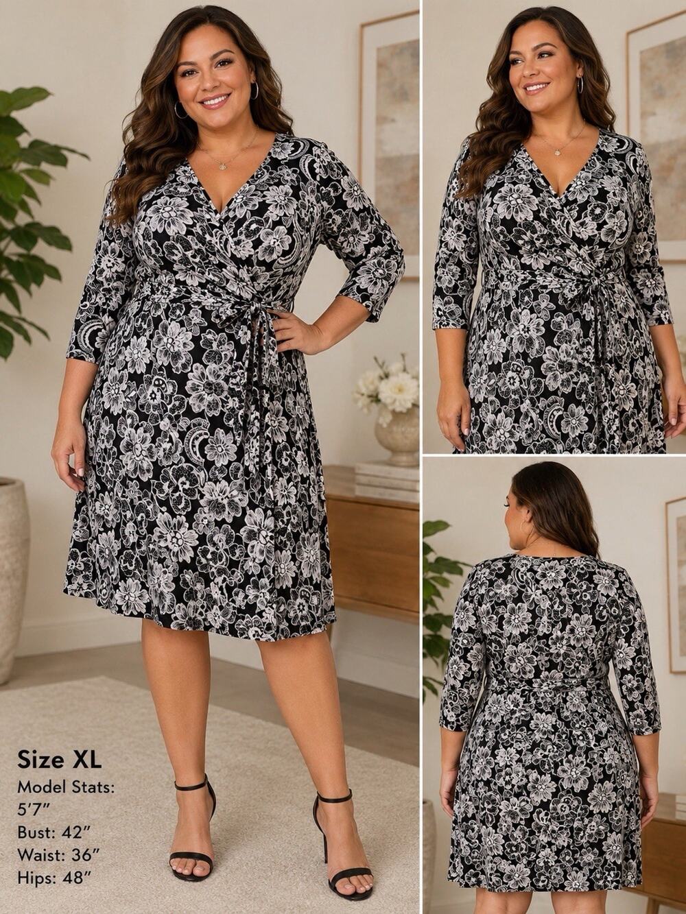 Shelby&Palmer XL Black &White Floral Faux Wrap Dress 3/4 Sleeve Stretch Midi